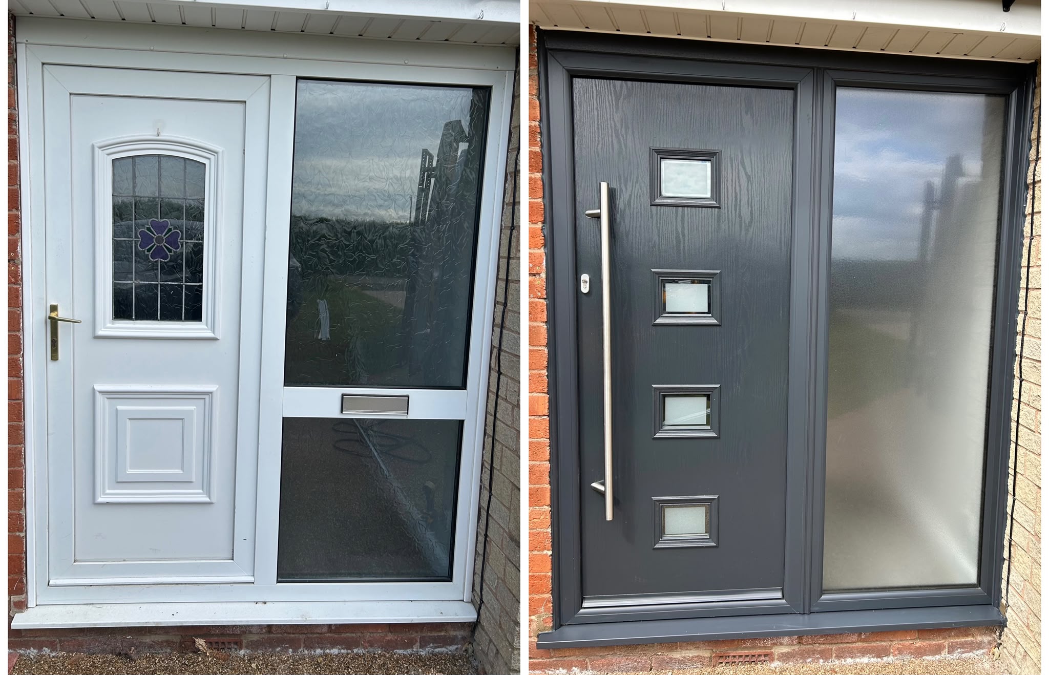 Front door and side panel replaced in anthracite grey, before and after
