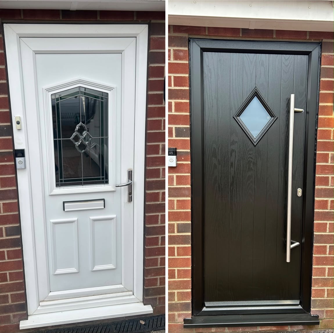 White front door replaced with a black door, before and after