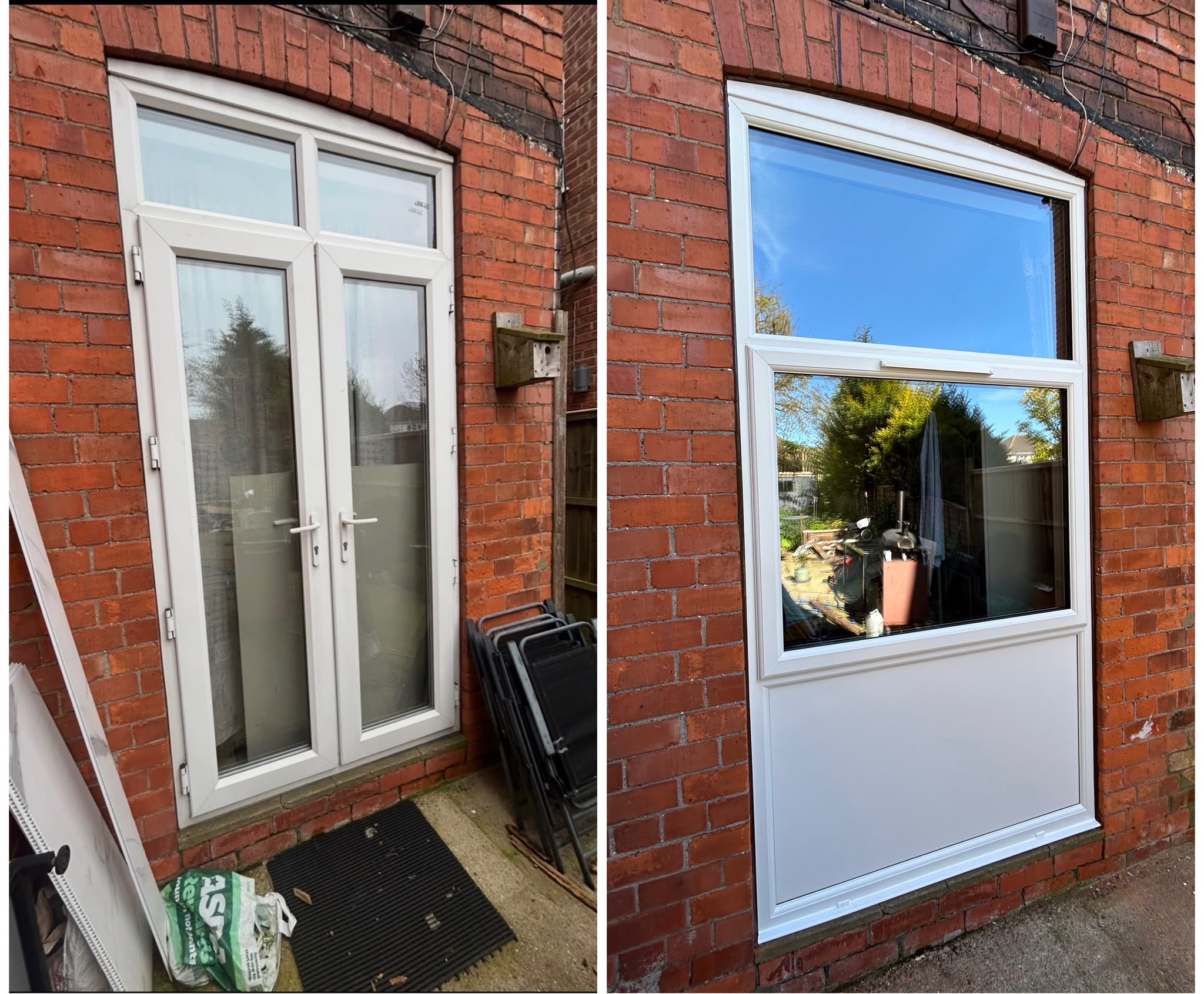 French doors replaced with a window and lower panel, before and after