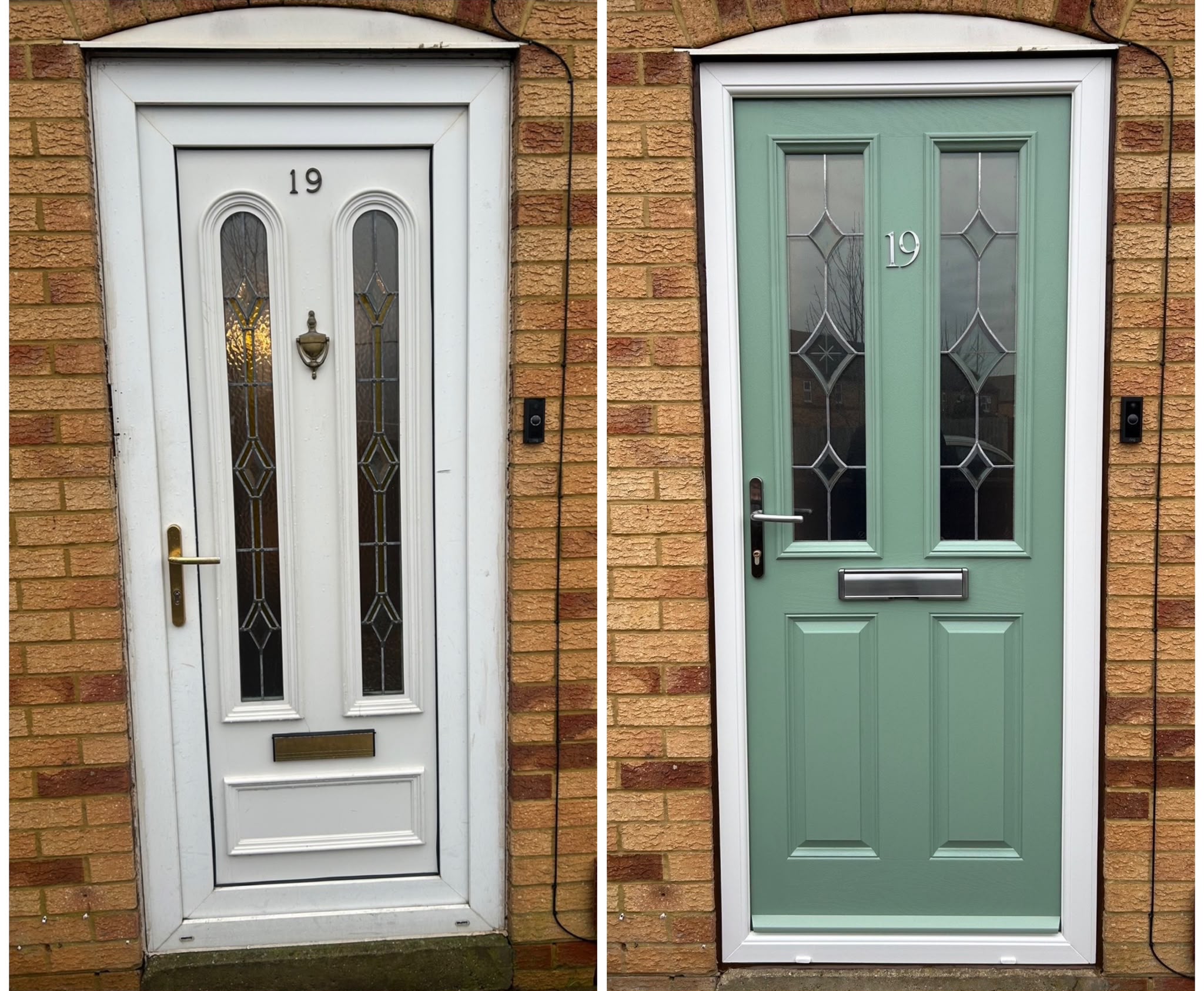Front door replaced with a green door, before and after