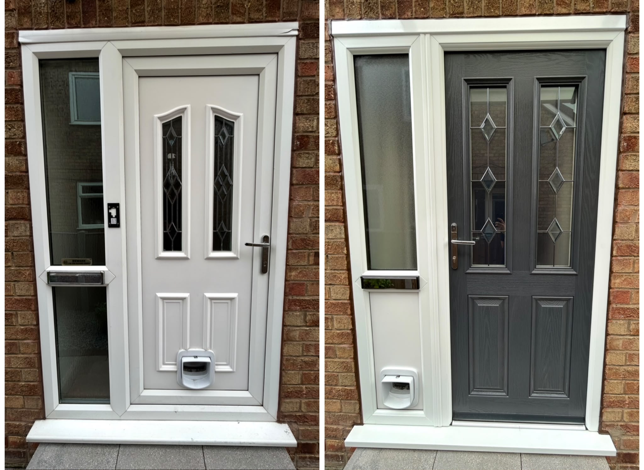Front door replaced with a grey door and new side panel, before and after