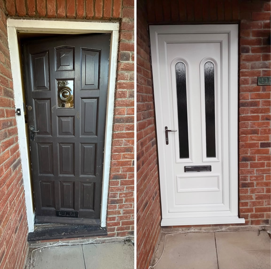 Dark timber door replaced with a white door, before and after