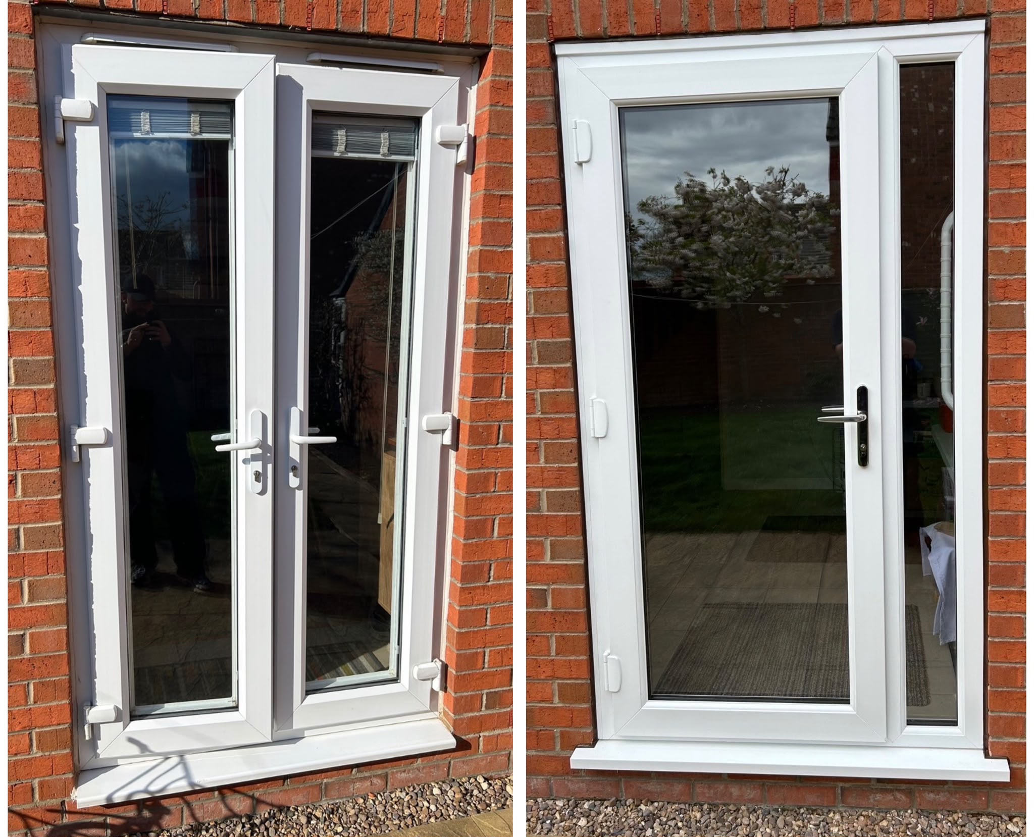 French doors replaced with a single door and side panel, before and after