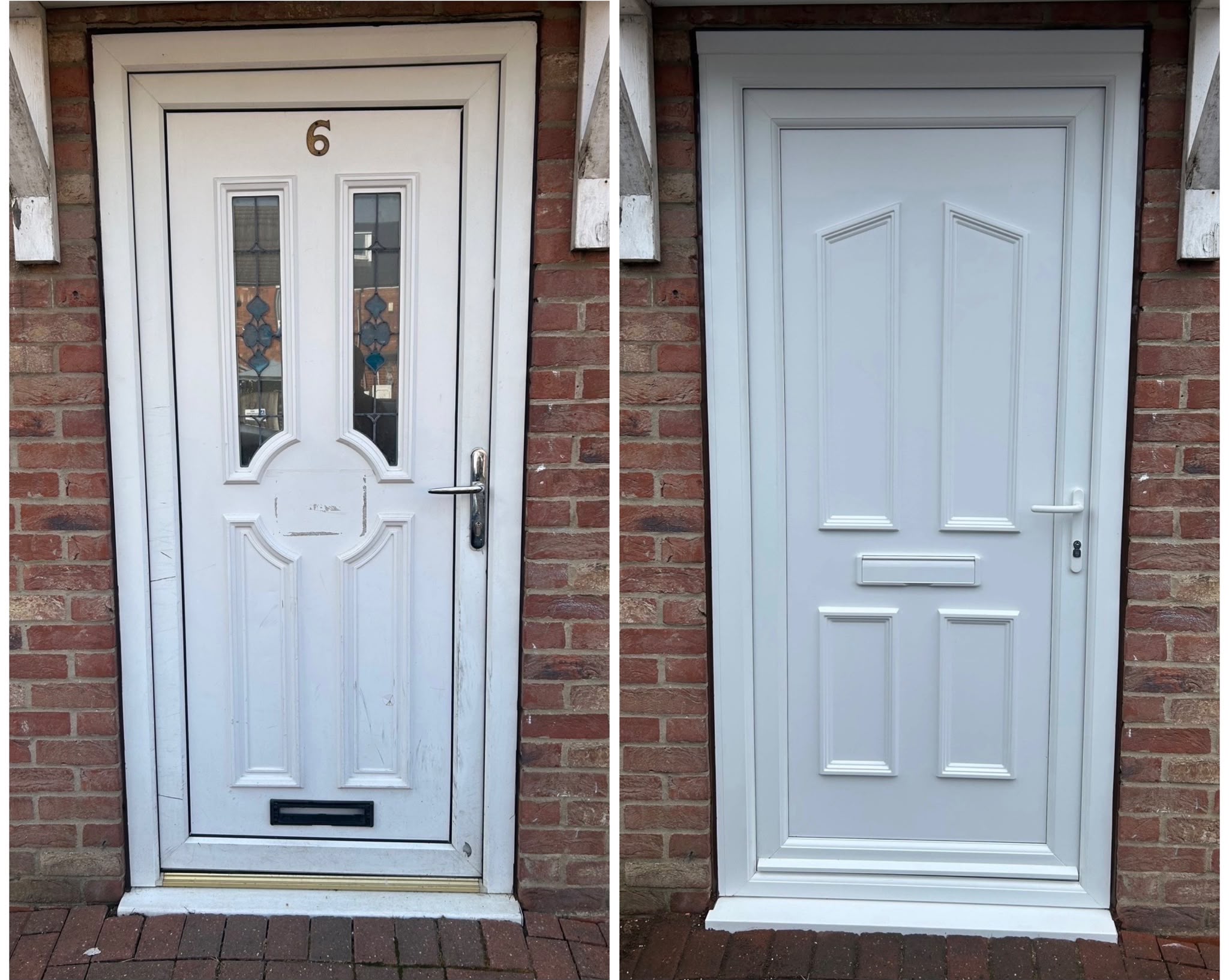 Worn white front door replaced with a new white door, before and after